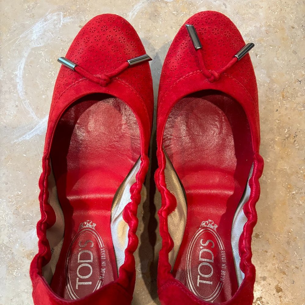 Tod's Red Suede Ballerina Flats Size 7 (Orig: $495)